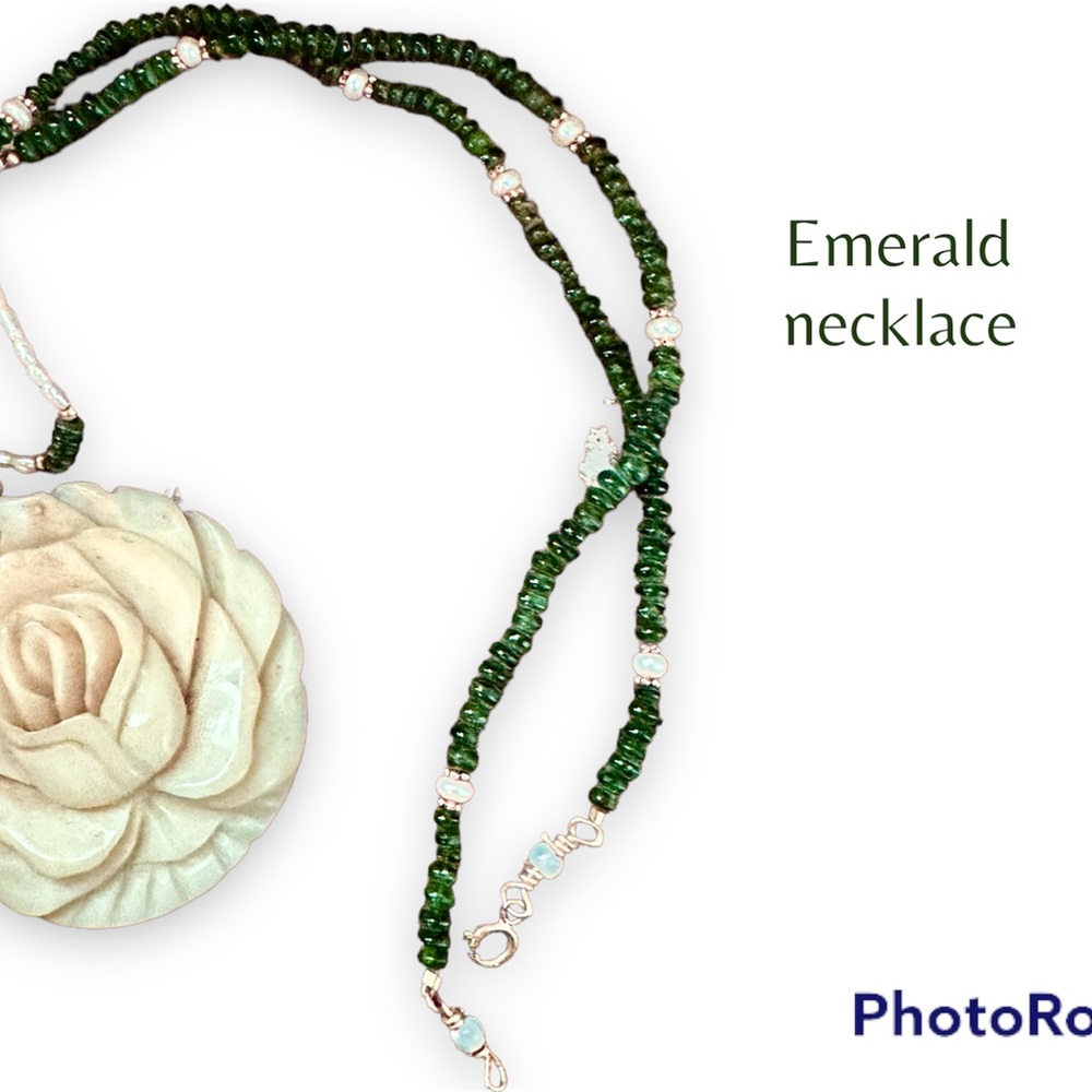 Haute couture ooak emerald, gold, pearl, and opal necklace with carved bone 🌹